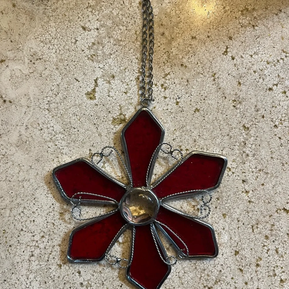Red burgundy flower stained glass handmade Suncatcher Christmas ornament